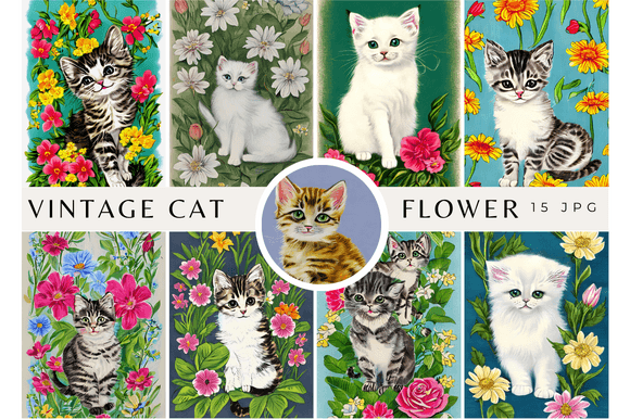 Download Vintage Watercolor Cat with Flowers Rose - Flowers Collection