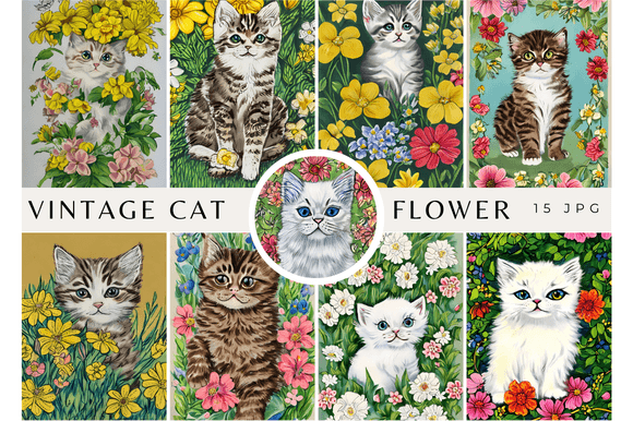 Download Vintage Watercolor Cat with Flowers Rose - Flowers Collection
