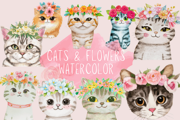 Download Watercolor Cat with Flowers Rose Clipart - Flowers Collection
